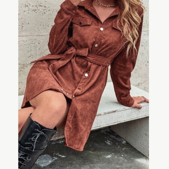*NEW Corduroy Shirt Dress Shacket Belted Button Up Spice Brown - Picture 5 of 10